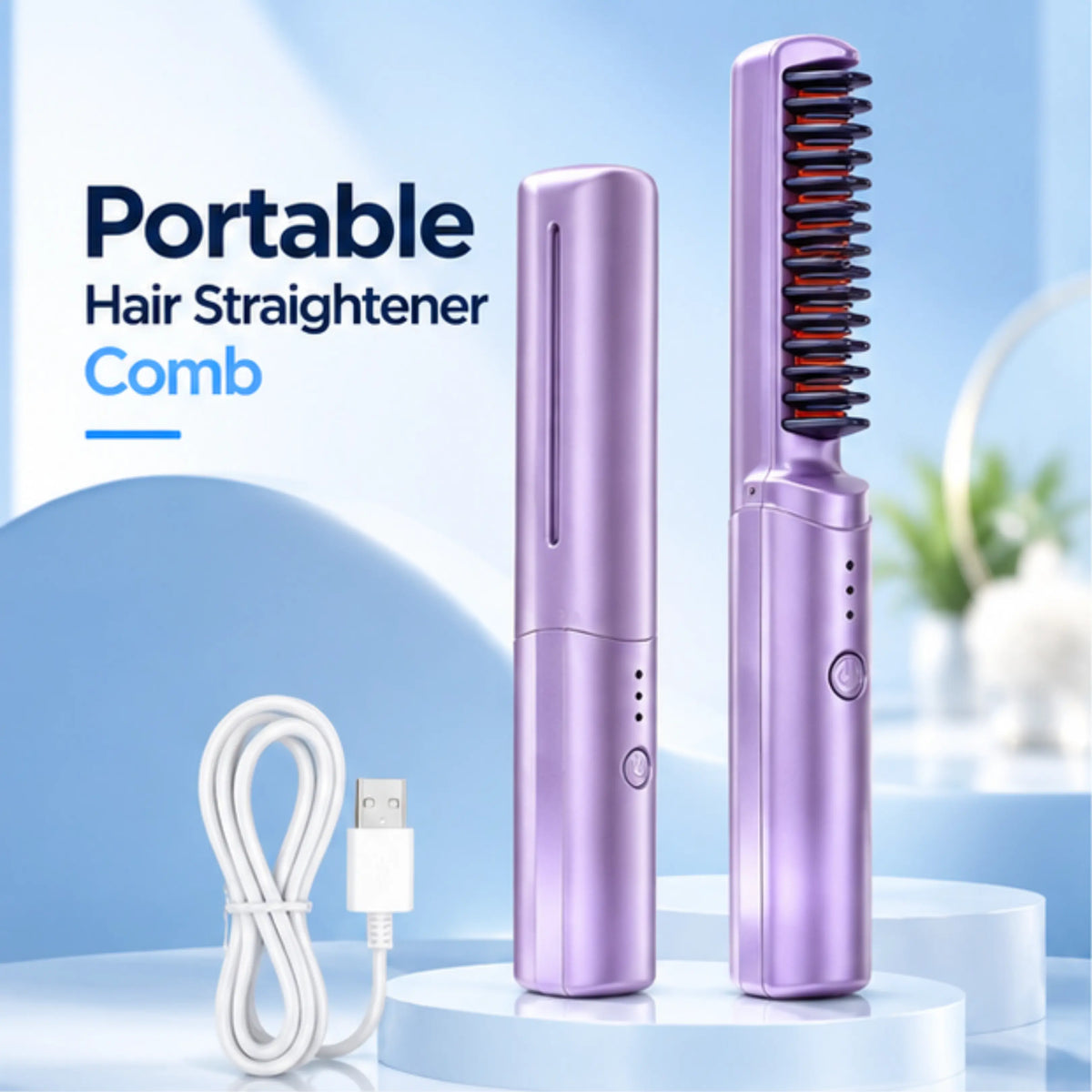 Cordless Hair Straightener Comb – 3 Heat Settings, Portabl