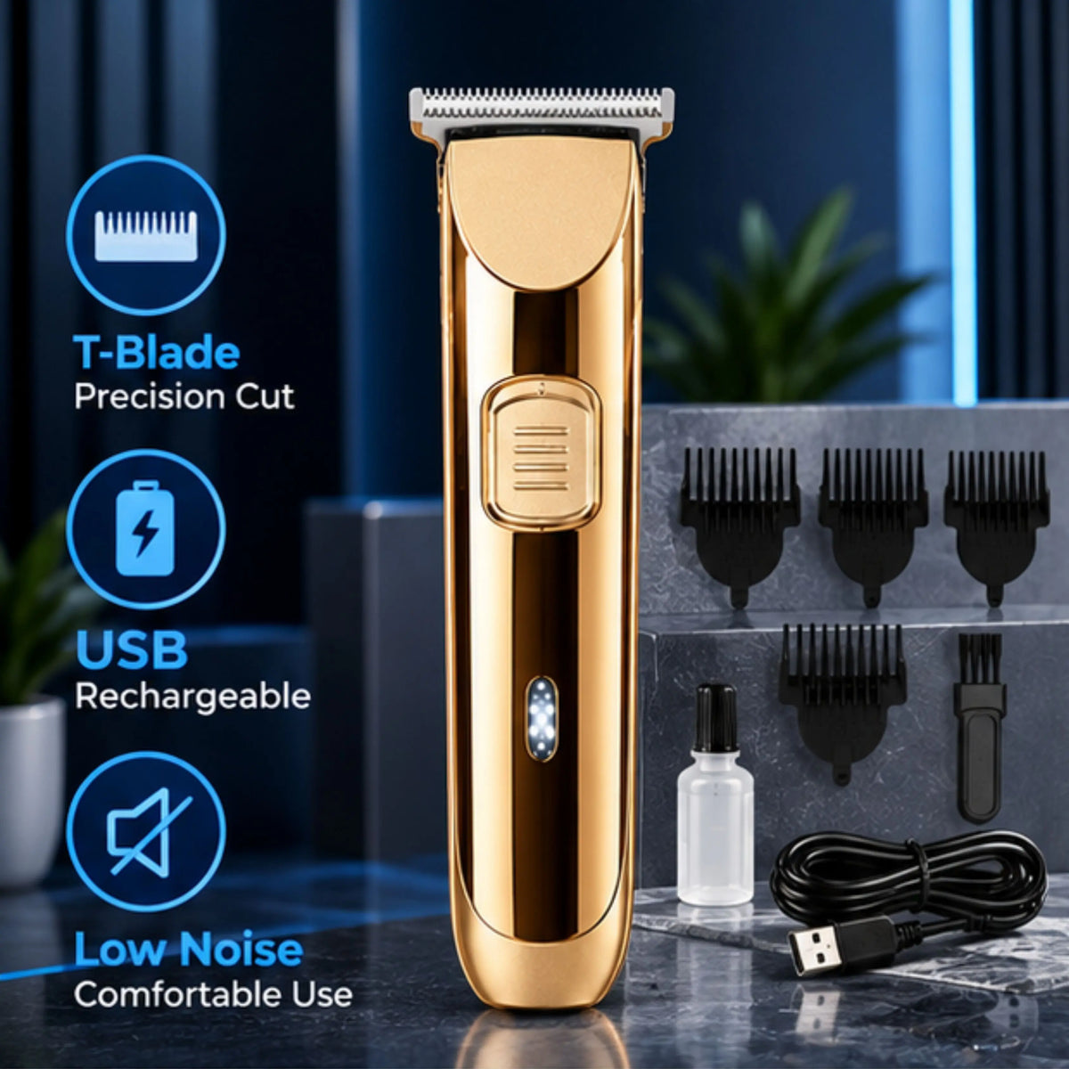 Rechargeable Hair Clipper & Beard Trimmer with 3 Guide Combs